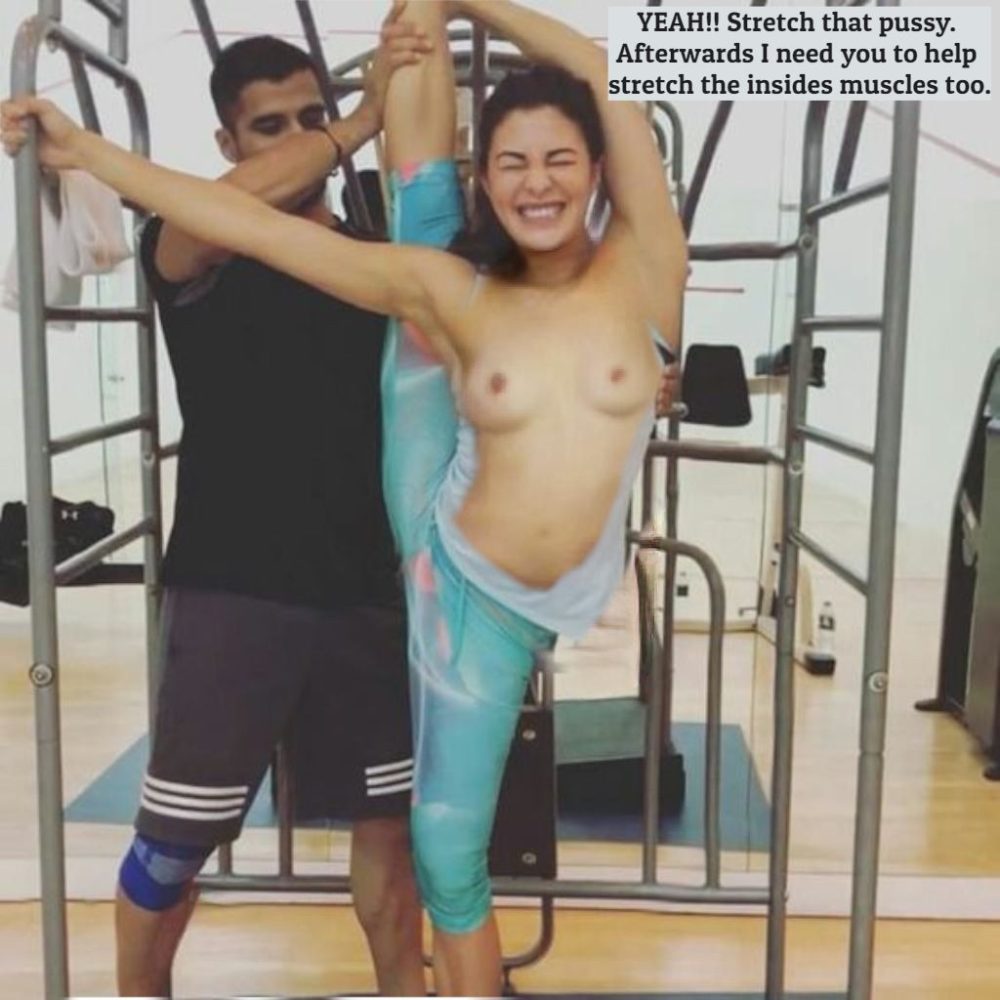 Jacqueline Fernandez topless gym boobs nude pose with caption, Heroine.Fun